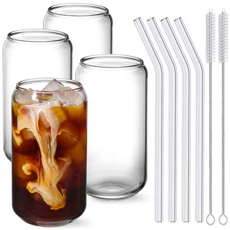Drinking Glasses With Glass Straw 4pcs Set 16oz Can Shaped Glass Cups Beer Glasses Iced