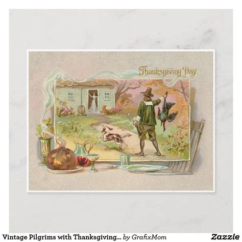 vintage pilgrims with thanksgiving dinner holiday postcard in 2020 vintage