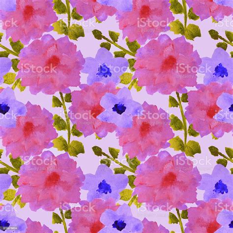 Seamless Pattern With Beautiful Watercolor Flowers And Green Leaves