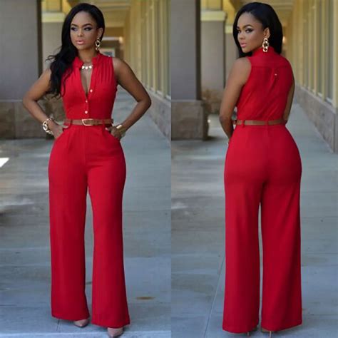 sexy club jumpsuits 2016 sleeveless womens full bodysuits wine red buttons v neck plus size