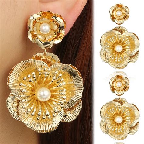 Vintage Luxury Gold Multilayer Big Flower Dangle Earring Sexy Women