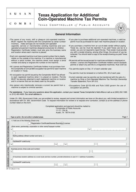Fillable Form Ap 141 Texas Application For Additional Coin Operated