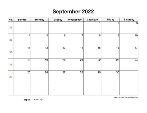Free 2022 Calendar Blank September Template Horizontal Free