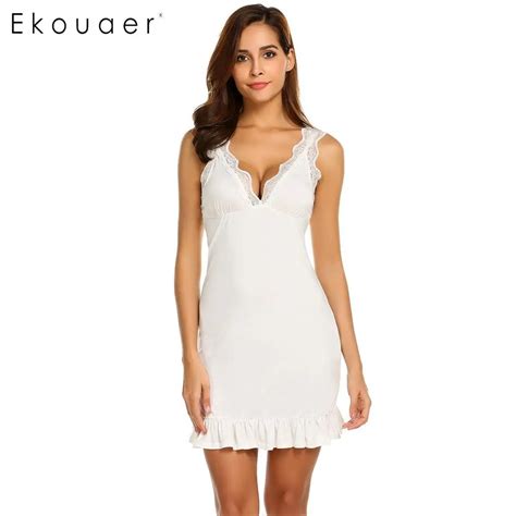 Ekouaer Sleepwear Sexy V Neck Sleeveless Ruffles Lace Nightgown Chemise Women In Nightgowns