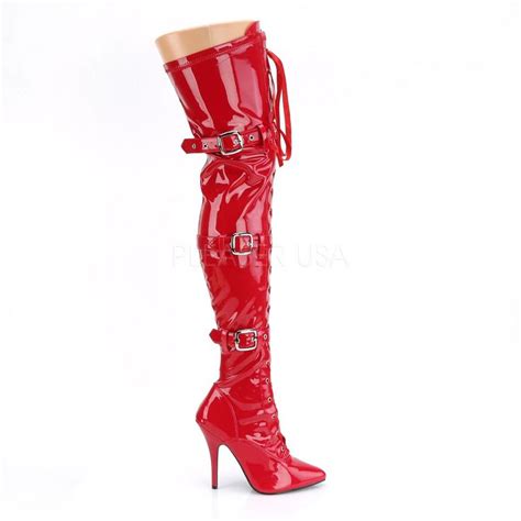 Seduce 3028 Lace Up Pointy Toe Thigh Boot Red Patent 5 High Heel