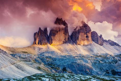 Majestic Foggy View Of The National Park Tre Cime Di Lavaredo By