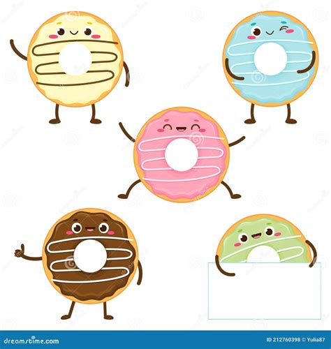 Cartoon Cute Colorful Donut Set With Happy Face Stock Vector