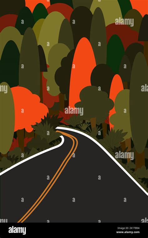 Road Through The Forest Vector Illustration Of The Beginning Of Autumn