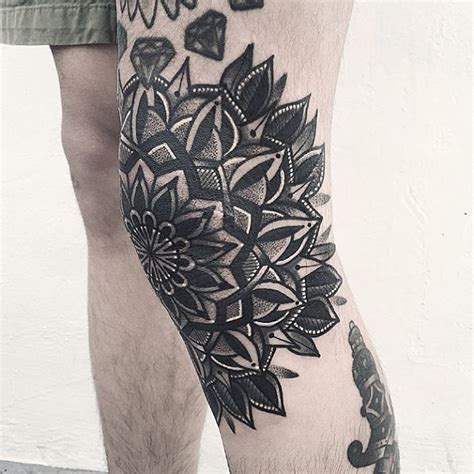 Black Floral Mandala Tattoo On The Knee