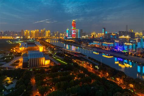 Wuhan Yangtze River And City Night And Light Show Scenery Stock Photo