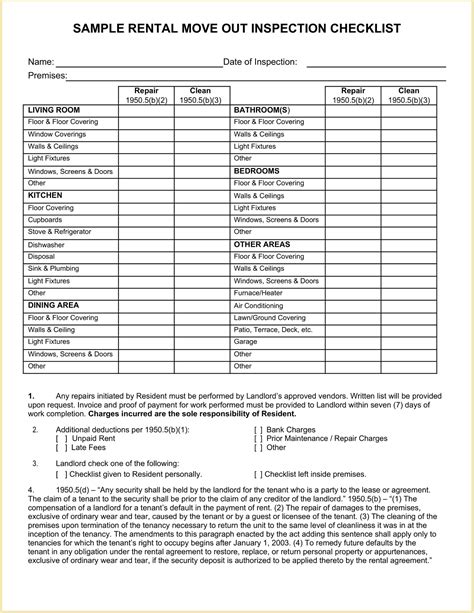 Rental Move Out Inspection Checklist Template Example