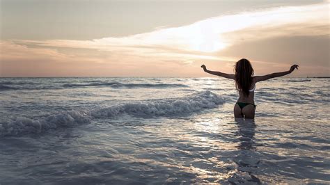 Wallpaper Sunlight Women Model Sunset Sea Shore Sand Brunette Ass Reflection Sky