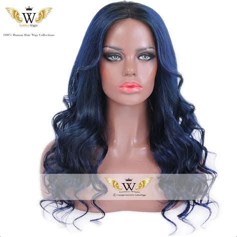 6a 130density Ombre Blue Human Hair Wig Wavy Full Lace Wig Remi Hair