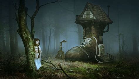 Two Girls Boot House Forest Wallpaper Fairy Tales