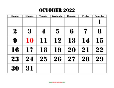 Free Download Printable October 2022 Calendar Large Font Design