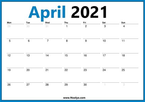Print april 2021 calendar and enter your holidays, events and appointments. April 2021 Calendar Starts with Monday - Noolyo.com