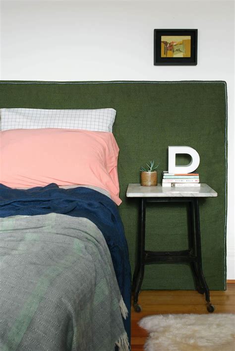 Diy Headboard With Upholstered Green Linen Fabric Slipcover Diy Fabric