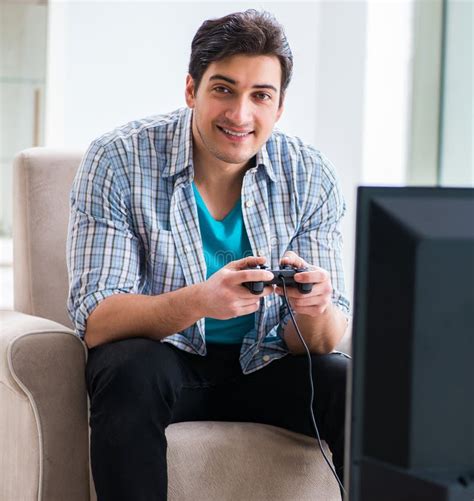 Man Playing Computer Game At Home Stock Photo Image Of Dependent