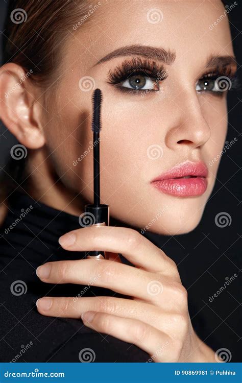 Cosmetics Girl With Perfect Makeup Long Eyelashes And Mascara Stock