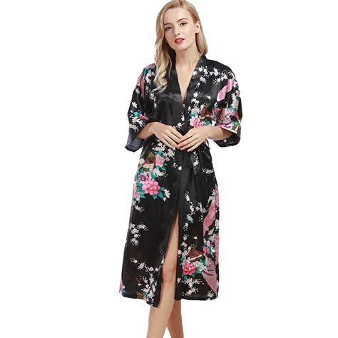 2017 Chinese Female Silk Robe Dress Sexy Kimono Yukata Gown Peacock And Flower Printed Pajamas