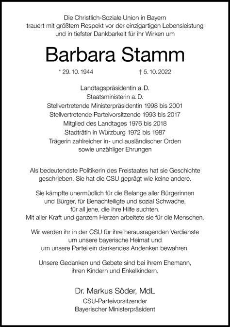 Barbara Stamm Traueranzeige Trauer InFranken De