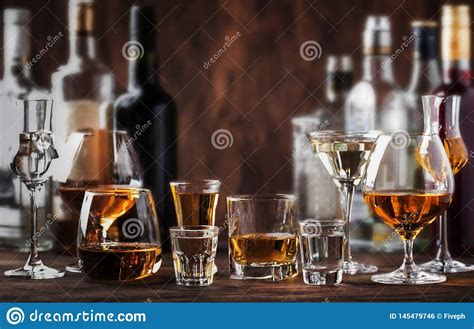strong spirits set hard alcoholic drinks in glasses in assortment vodka cognac tequila