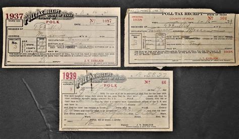 3 Polk County Texas Poll Tax Receipts 1937 1938 1939 Bdr