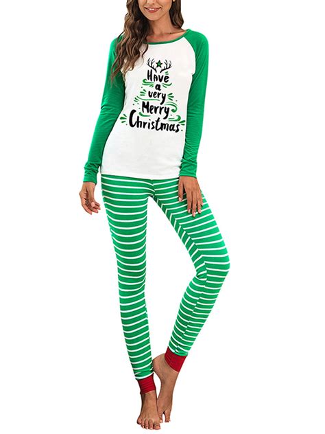 Wodstyle Womens Christmas Pajamas Set Xmas Long Sleeve Top Striped Pants Nightwear 2pcs