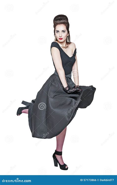 Young Beautiful Woman In Retro Pin Up Style With Fluttering Dres Stock