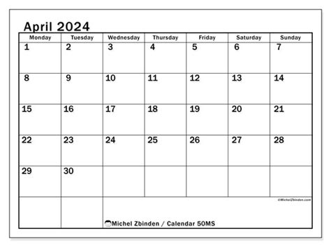 Calendar April 2024 50 Michel Zbinden En