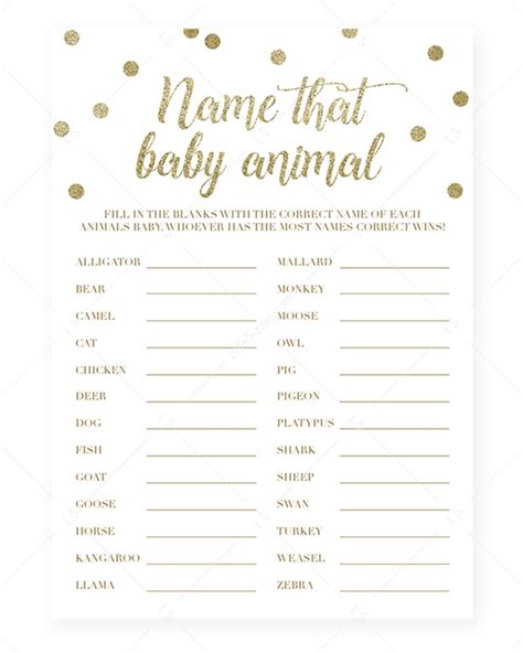 Guess The Baby Animal Baby Shower Game Gold Printable By Littlesizzle