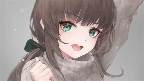 Download 1920x1080 Anime Girl Sweater Brown Hair Green