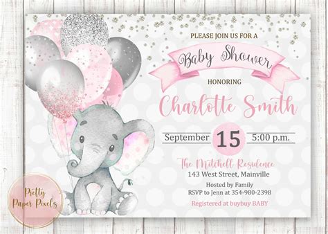 Elephant Girl Baby Shower Invitation Elephant Girl Pink Silver
