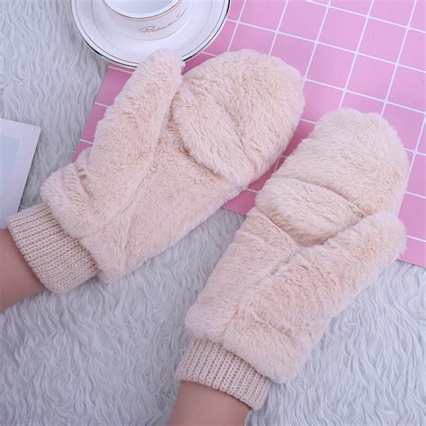 Winter Thickened Cute Whole Covered Finger Mittens For Women Plush Gloves Fluffy Rabbit Dual