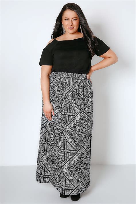 yours london black and white mixed floral print jersey maxi skirt plus size 16 to 32