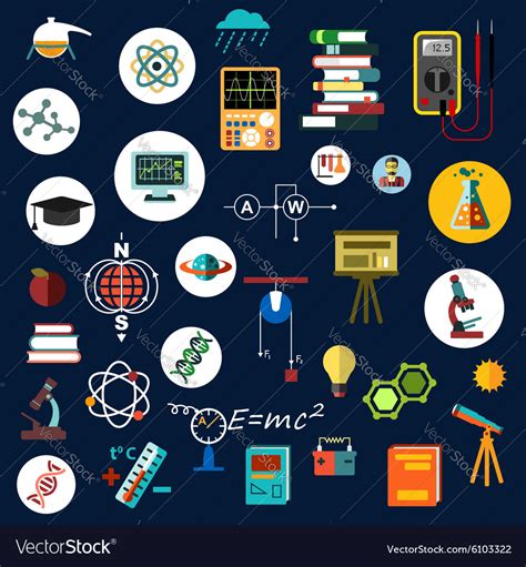 Flat Physics Science Equipment And Symbols Vector Image