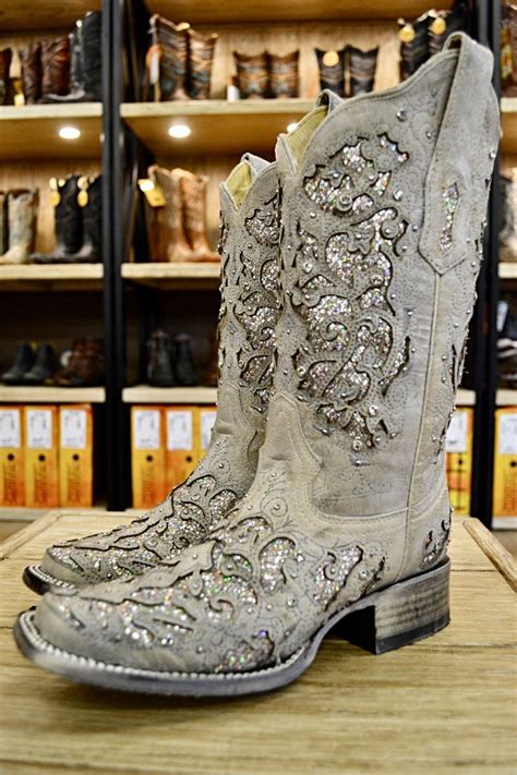 Corral Ladies White Glitter Inlay And Crystal Square Toe Boots A3397