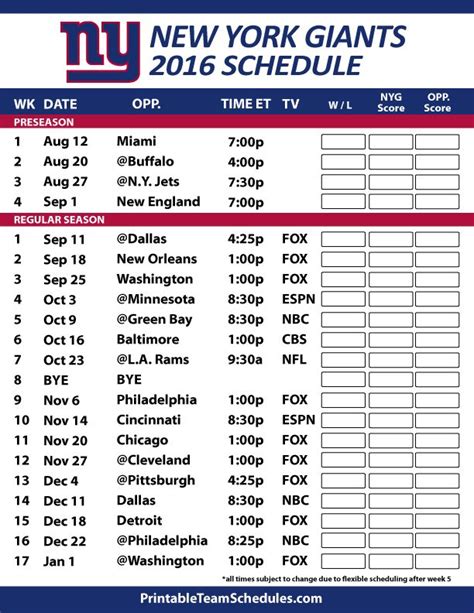 New York Giants Schedule Printable