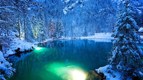 Lake Surrounded By Snow Covered Trees Mountains Lights Reflection On