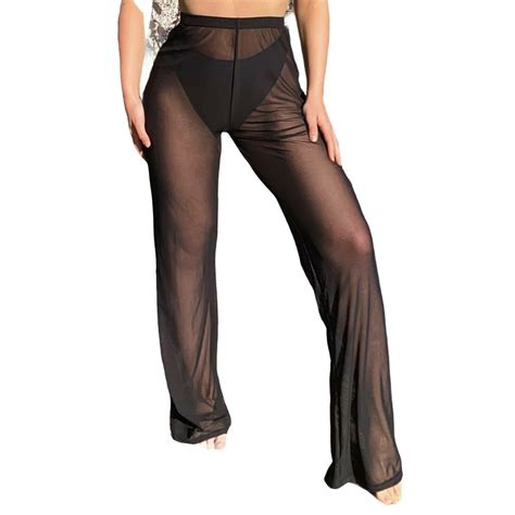 women sexy sheer mesh pants see through flared wide leg etsy uk