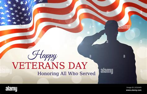 Happy Veterans Day Banner Waving American Flag Silhouette Of A