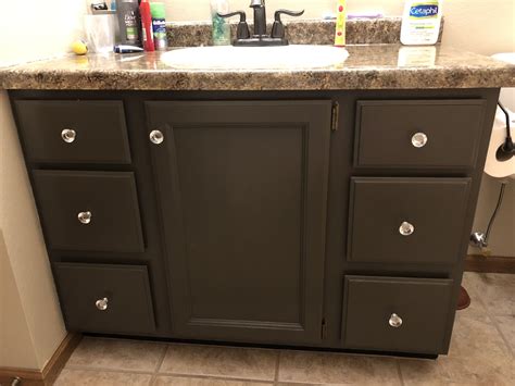 This bathroom has the perfect blend. Upstairs bathroom cabinets painted SW black fox | Painting ...