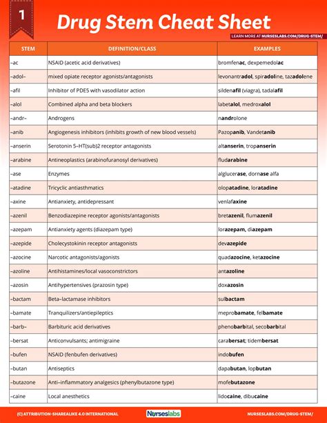 Learning And School 4 Pages Pharmacology Drug Stem Cheat Sheet For