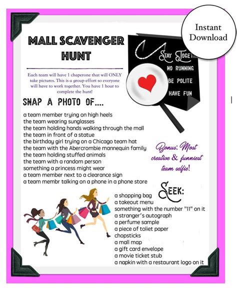 Mall Scavenger Hunt Game Instant Download Etsy Mall Scavenger Hunt