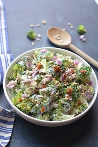 Cream of broccoli soup is a favorite of mine, this slimmed down version is so good, and it's quick and easy to prepare. Low Carb Greek Yogurt Broccoli Salad {Low Carb, GF, Low Cal} - Skinny Fitalicious®