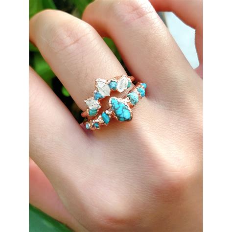 Raw Turquoise Ring Raw Diamond Wedding Ring Band Engagement Etsy