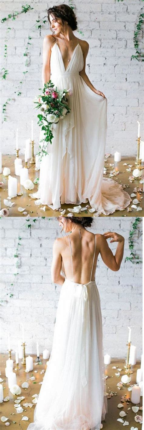 Simple Deep V Neck Wedding Dresssweep Train Ivory Wedding Dresses With