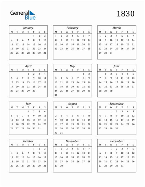 1830 Blank Yearly Calendar Printable