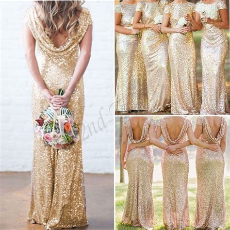 Bridal Mermaid Gold Sequin Bridesmaid Dress Stretchy Backless Wedding Party Gown Sequin