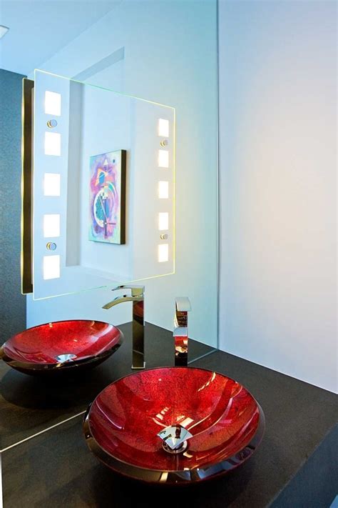 Elegant Powder Room With Red Sink And Lighted Mirror Modern San